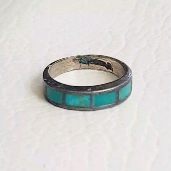 VINTAGE NAVAJO STERLING SILVER TURQUOISE INLAID BAND RING sz 5.25 - Picture 1 of 6
